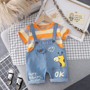 Baby Cute Round Neck Short Sleeve Striped T-Shirt And Cartoon Giraffe Pattern De